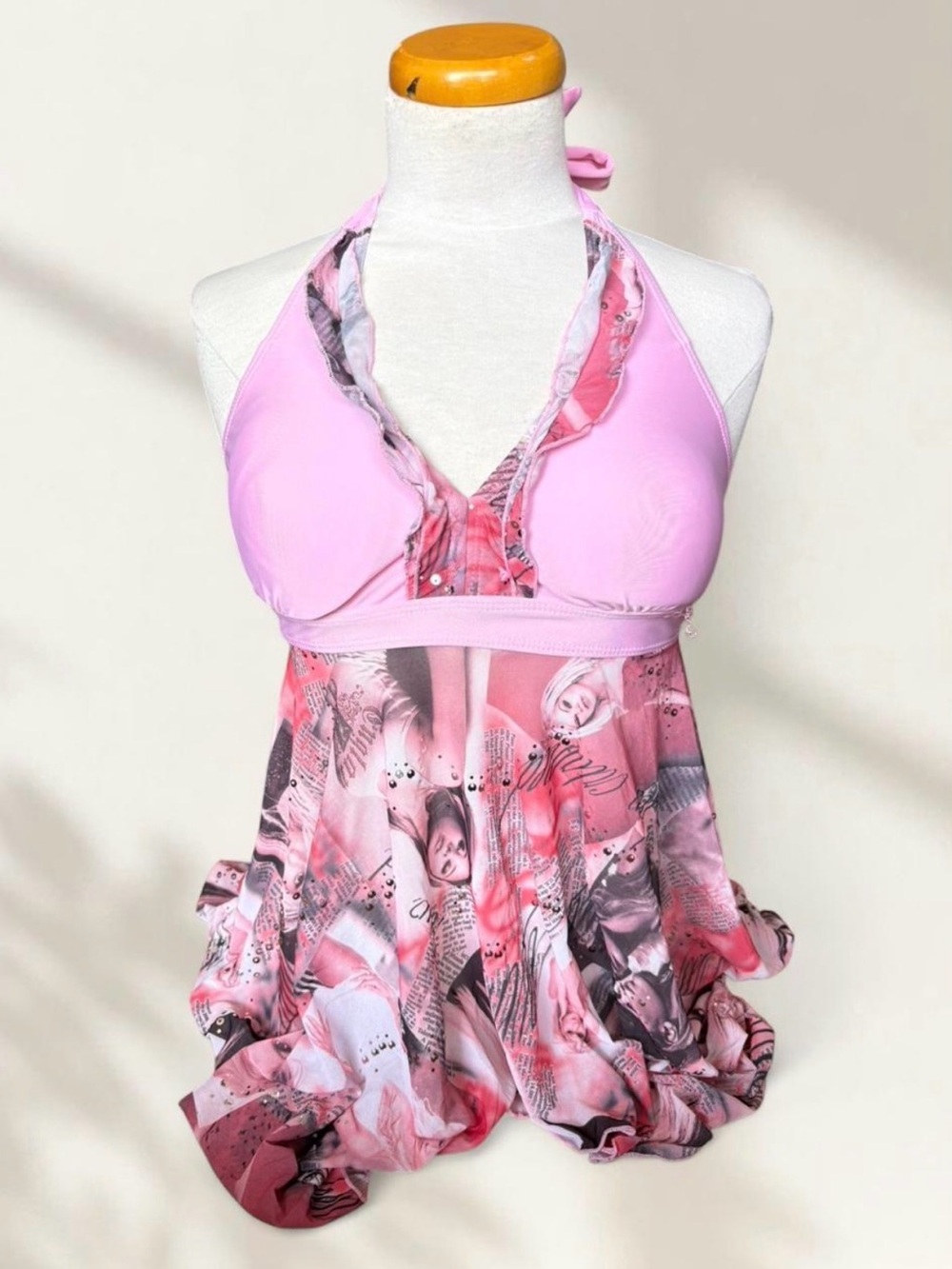 Pink Halter Tankini Bikini Top with Printed Skirt
